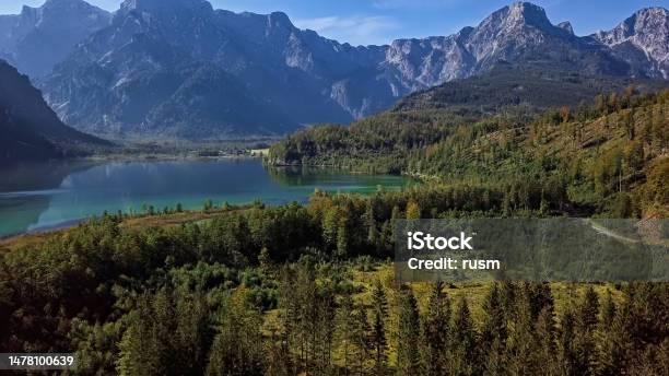 Aerial Panorama Of Lake Alm In Salzkammergut Austria At Summer Morning Stock Photo - Download Image Now