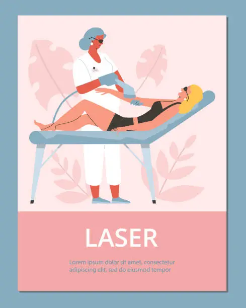 Vector illustration of Woman in beauty salon removing arm hair with laser, poster template - flat vector illustration. Body hair removal procedure advertising, banner or certificate. Concept of laser epilation.