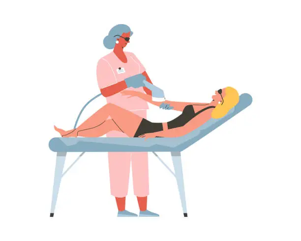 Vector illustration of Cosmetologist performs laser hair removal procedure, flat vector isolated.