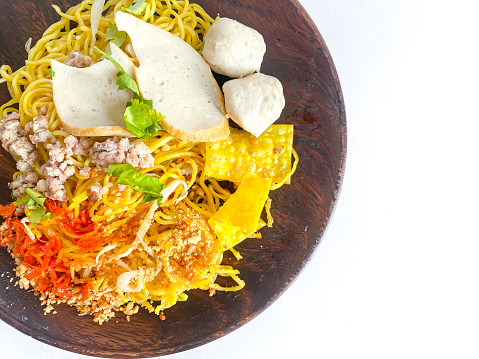 Yellow dried noodles Thai food style on white background