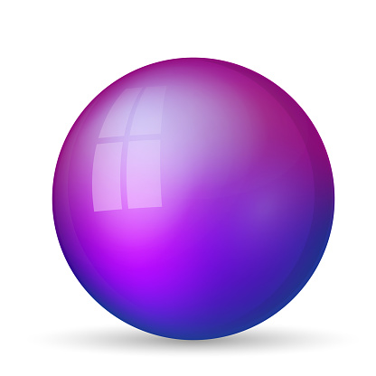 Glass purple ball or precious pearl. Glossy realistic ball, 3D abstract vector illustration highlighted on a white background. Big metal bubble with shadow.