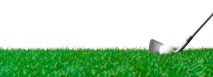 White golf ball and stick on green grass isolated on white. Horizontal sport poster, greeting cards, headers, website