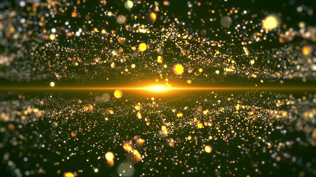 Flowing gold particle background with golden shine light and gold particle glittering flowing looped