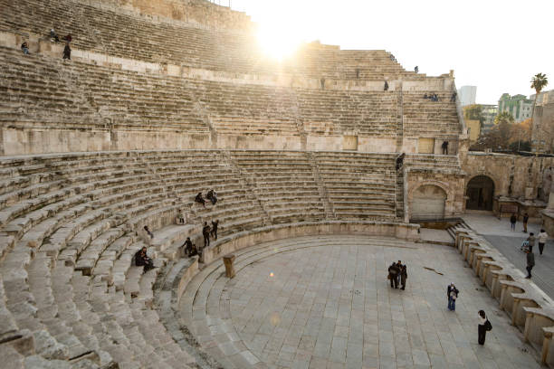 From the Amman Citadel, the Roman Theater can be seen below. This is a large, well-preserved ancient amphitheater built in the 2nd century A.D. during the Roman period.