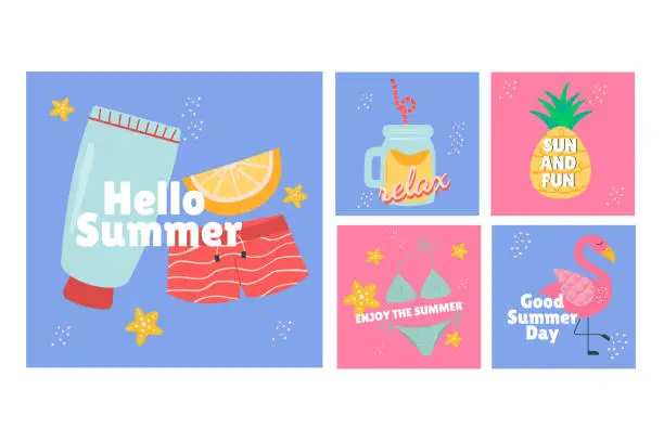 Vector illustration of Flat summer instagram post collection. Social media