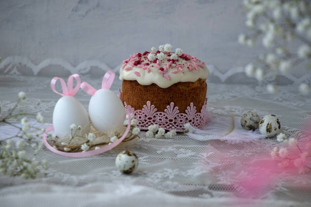 istock Easter background or postcard. white easter eggs with pink bunny ears in nest with pink decorated easter cake. 1478106395