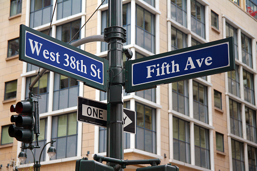 Blue West 38th Street and Fifth Avenue historic sign in midtown Manhattan in New York