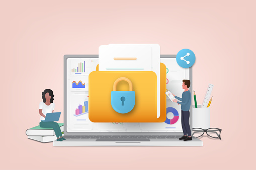 Concept of data security Access. Shield on laptop screen  protect sensitive data. Internet security. Data protection, data security cocept. 3d Vector illustration.