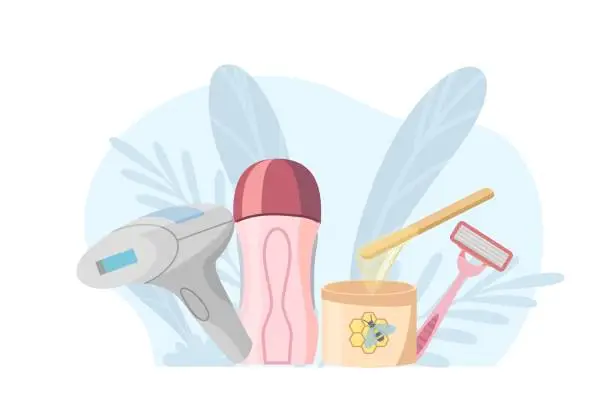 Vector illustration of Hair removal procedure banner design with razors and cosmetic, vector isolated.