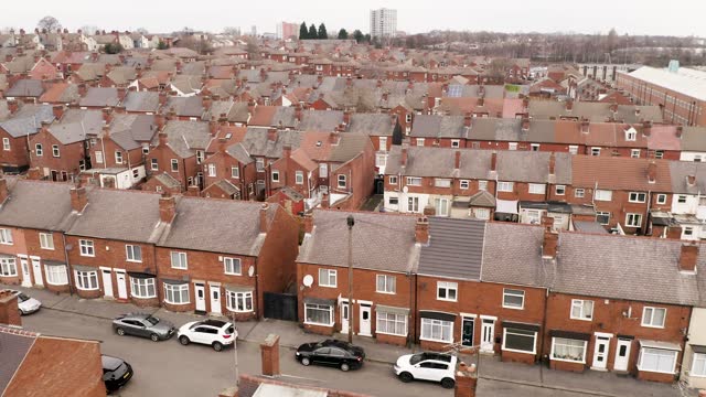 4k aerial footage above back to back terraced houses in the North of England