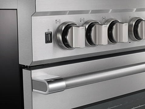 Close up photo of stainless steel range
