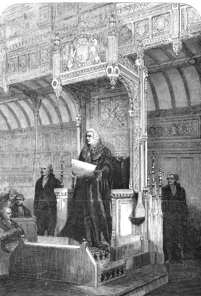 London, The new speaker of the House of Commons, John Evelyn Denison Illustration from 19th century. speaker of the house stock illustrations