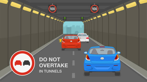 illustrations, cliparts, dessins animés et icônes de restrictions dans les tunnels de la ville. la voiture rouge dépasse un autre véhicule dans un tunnel à grande vitesse. pas de dépassement dans les panneaux de signalisation des tunnels. - no passing lane