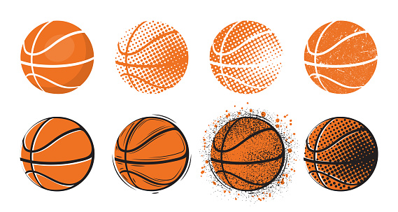 Basketball logo, american ball icons. 3d balloon basket design, orange and white circle signs. Championship or tournament logotype. Team textured emblem or label. Vector isolated current illustration