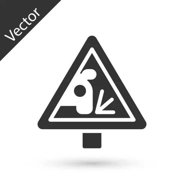 Vector illustration of Grey Warning road sign throwing stone materials icon isolated on white background. Traffic rules and safe driving. Vector