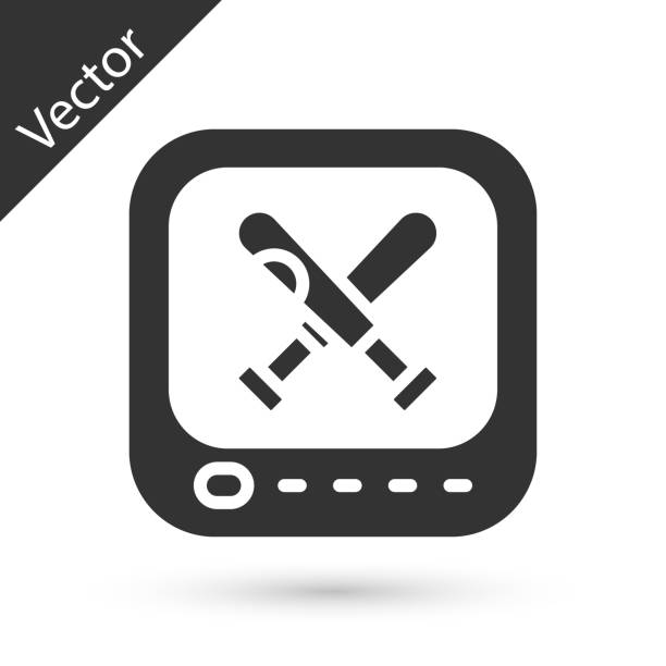 Grey Monitor with baseball ball and bat on the screen icon isolated on white background. Online baseball game. Vector Grey Monitor with baseball ball and bat on the screen icon isolated on white background. Online baseball game. Vector. baseball-scorecard stock illustrations
