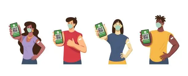 Vector illustration of Covid pass. Vaccination QR code certificate. Check medical document. Immune group with mobile passports. Woman or man holding phones. Vaccinated people set. Vector illustration concept