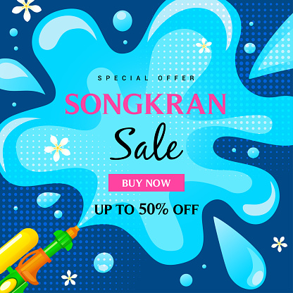 Songkran Sale promotion vector illustration. Splashing water with a squirt gun