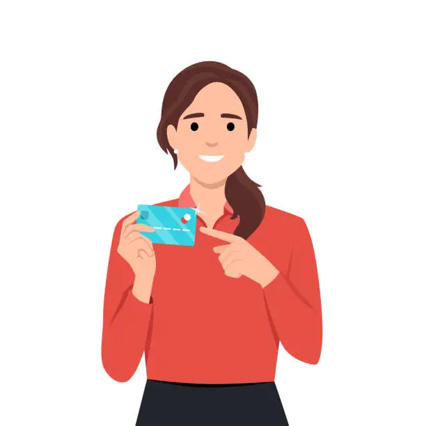 Vector illustration of Professional young businesswoman showing or holding credit or debit or ATM banking card and pointing hand finger towards, presenting or introducing something.