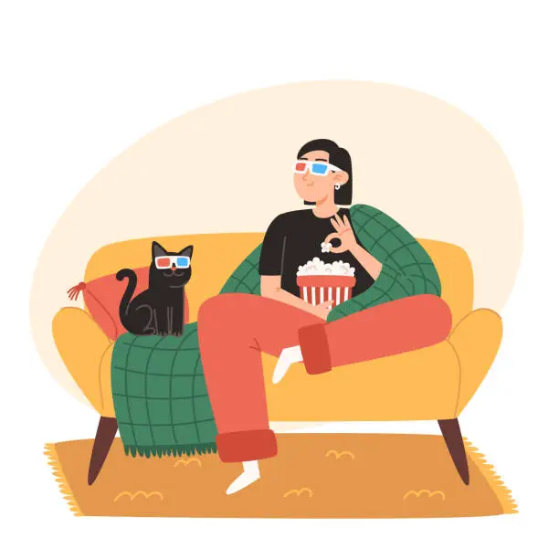 Vector illustration of A young woman and her cat are sitting on a cozy sofa and watching a movie