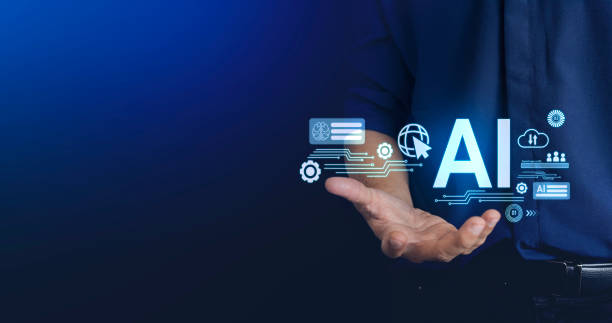 istock Businessman holding microchip processor with lights on the blue background. hologram digital chatbot, application, conversation assistant, AI Artificial Intelligence concept, digital chatbot on virtual screen. 1478121622