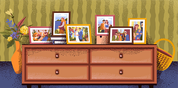 Photo frames. Family portraits. Happy parents with child and granny. Pictures on commode. Couple wedding. Home interior. Husband and wife snapshots. Photography frameworks. Vector exact illustration