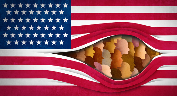 American Diversity and USA immigration or United States diverse population as US citizenship or community concept as a flag with multicultural people in a 3D illustration style.