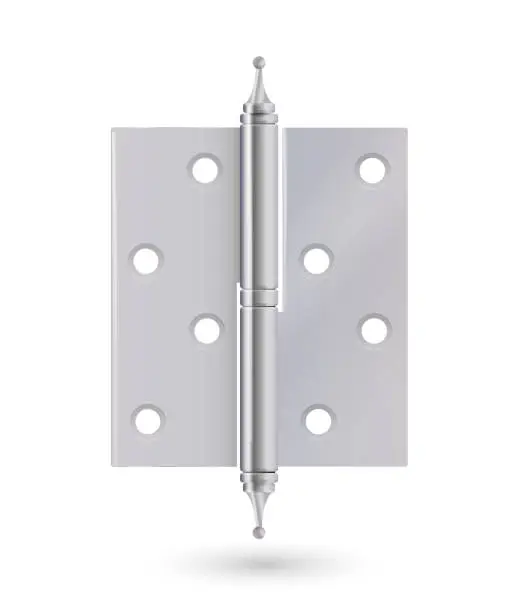 Vector illustration of Metal door hinges, silver construction hardware. iron tools for joint gates and windows. Vector