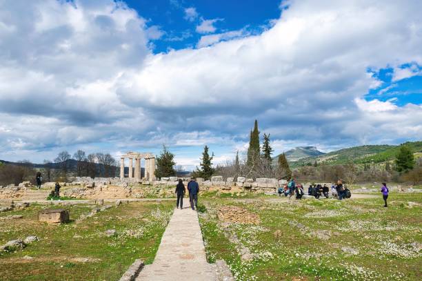 tempio sacro di zeus nell'antica nemea, grecia. museo archeologico dell'antica nemea. - temple of heracles foto e immagini stock