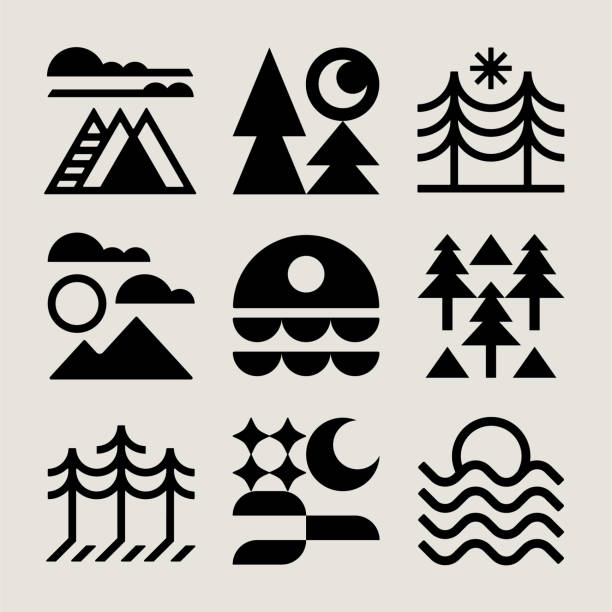 illustrations, cliparts, dessins animés et icônes de icônes d’extérieur modernes du milieu du siècle - camping