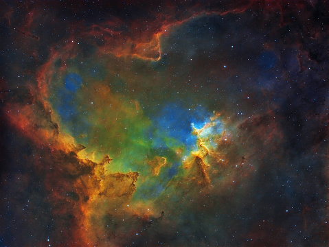 The Heart Nebula (IC 1805, open cluster Melotte 15) is an emission nebula located in the constellation of Cassiopeia. The nebula is 7,500 light years away from Earth. Amateur SHO image in HST color palette, total exposure time: 34h15m.