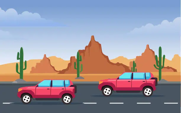 Vector illustration of red travel car isolated on desert highway background