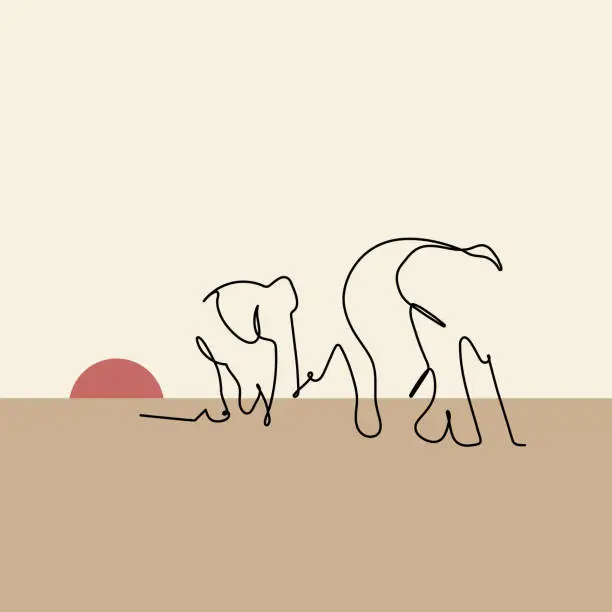 Vector illustration of Desert landscape with sunset and wild animals. Vector illustration  of elephants