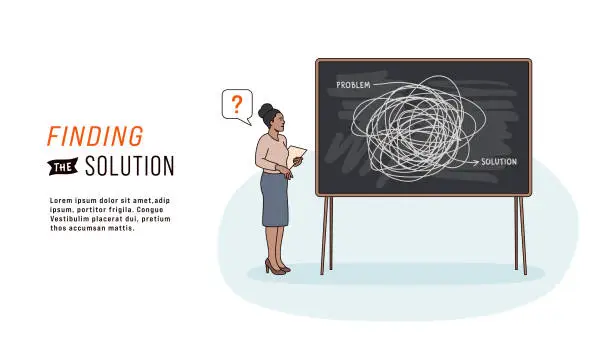 Vector illustration of Businesswoman  Standing and Looking at Chalkboard Trying to Solve the Problem