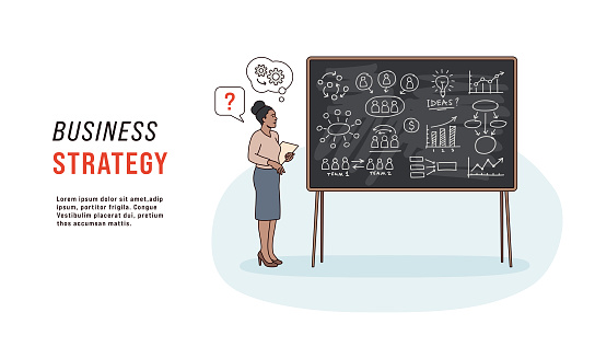 Illustration of a black businesswoman looking at chalkboard and working on a business plan. Business strategy concept. Finding the solution concept.