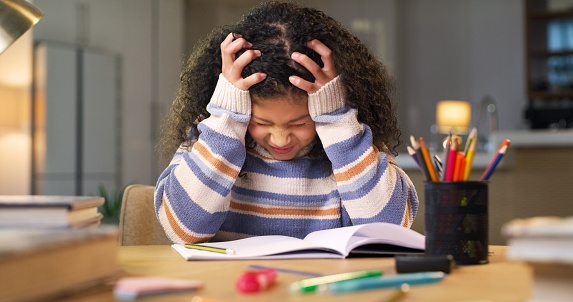 Stress, student or frustrated girl learning knowledge, education homework with anxiety or headache. Migraine, failure mistake or young child upset with migraine problems or burnout studying alone