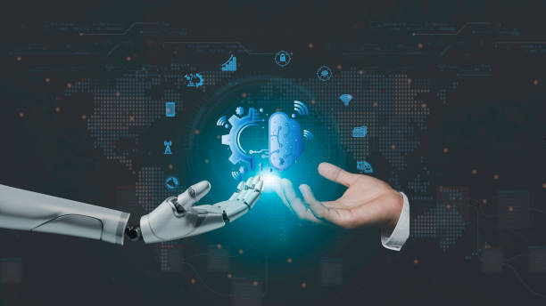 istock Robot hand and human touch on big data network connection background, innovation and futuristic. Robotic Machines and Deep Learning,AI, Machine Learning and Artificial Intelligence Technologies, 1478134424