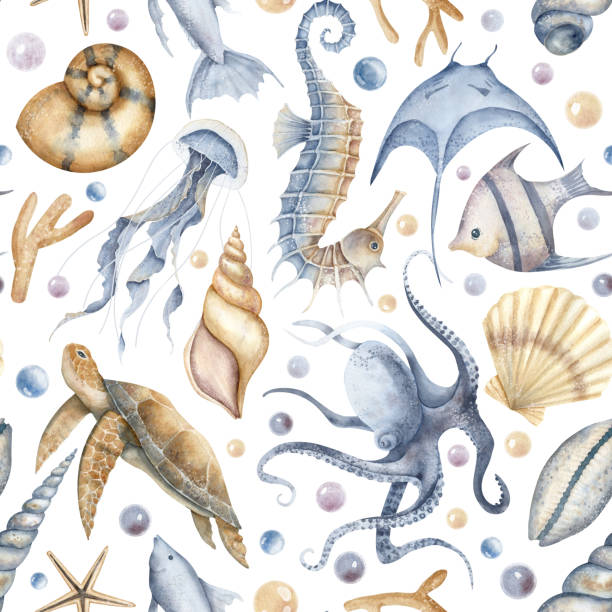 Undersea Seamless Pattern with underwater Animals and fish on isolated background. Hand drawn illustration for textile design or wrapping paper in nautical style. Wallpaper with turtle and seahorse Undersea Seamless Pattern with underwater Animals and fish on isolated background. Hand drawn illustration for textile design or wrapping paper in nautical style. Wallpaper with turtle and seahorse. sea turtle clipart stock illustrations