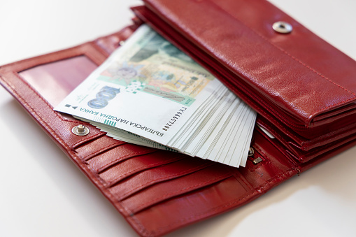 Bulgarian 100 BGN banknotes placed in a red leather purse