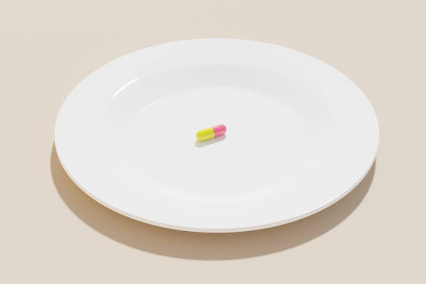 Single pill on a white plate, 3d rendering. Nutritional supplement, taking medication, healthcare and wellbeing concept