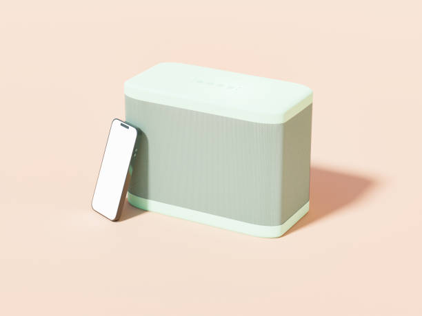 istock Wireless audio speaker system next to a modern smartphone, 3d rendering. Pairing devices for wireless audio streaming, modern technology and smart speaker 1478138218