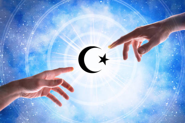 istock Hands pointing islamic symbol with blue universe background 1478140391