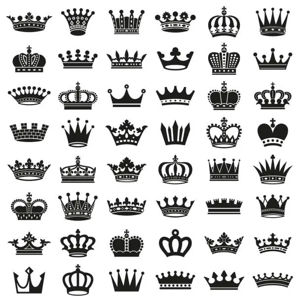 Vector illustration of Medieval royal crown queen monarch king lord silhouette icons