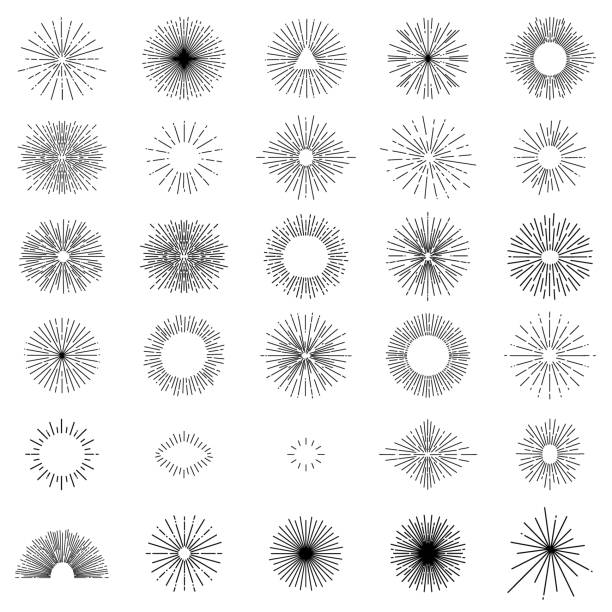 ilustrações, clipart, desenhos animados e ícones de explosão sunburst vintage desenhado à mão elementos de design fogos de artifício - muita luz