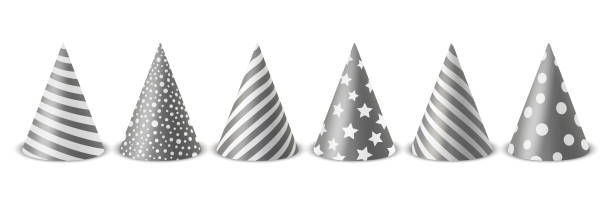 istock Vector 3d Realistic Gray and White Birthday Party Hat Icon Set Isolated on White Background. Party Cap Design Template for Party Banner, Greeting Card. Holiday Hats, Cone Shape, Front View 1478145711