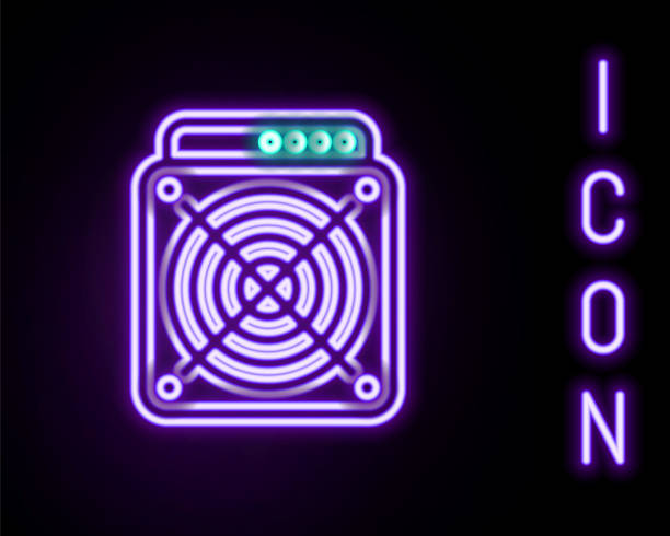 istock Glowing neon line ASIC Miner icon isolated on black background. Cryptocurrency mining equipment and hardware. Application specific integrated circuit. Colorful outline concept. Vector 1478146631
