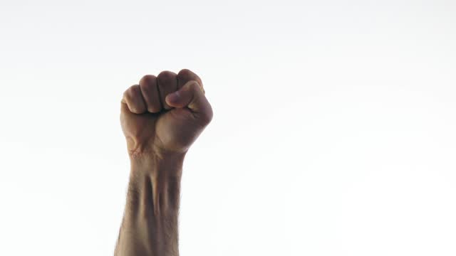 Hand of a man clenched into a fist on a white background. Sign and symbol of protest and struggle. Strength and courage