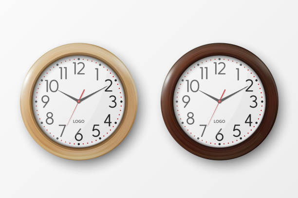 Vector 3d Realistic Simple Round Brown Wall Office Clock with White Dial Icon Set Closeup Isolated on White Background. Design Template, Mock-up for Branding, Advertise. Front or Top View Vector 3d Realistic Simple Round Brown Wall Office Clock with White Dial Icon Set Closeup Isolated on White Background. Design Template, Mock-up for Branding, Advertise. Front or Top View. clock wall clock face clock hand stock illustrations