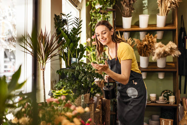 istock Watering potted plants at flower shop 1478148887