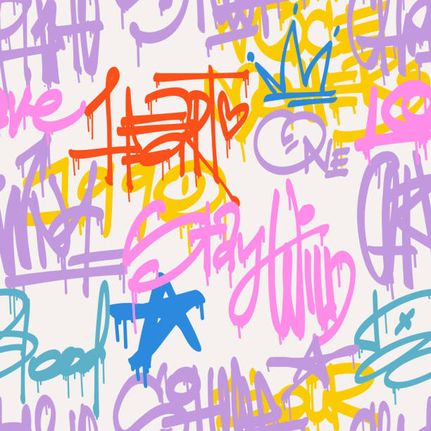 istock Urban typography seamless pattern with street art graffiti slogan print. Abstract graphic underground unisex design for t-shirts and sweatshirt in bright neon colors. 1478149585